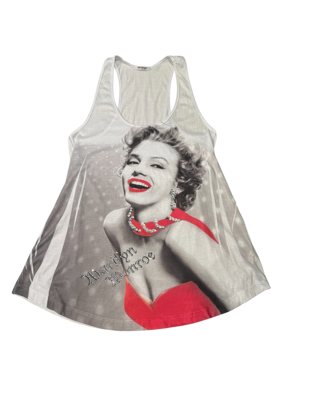 Marilyn Monroe Rhinestone Racerback Gray, Red & White Women's Tank Top Size M